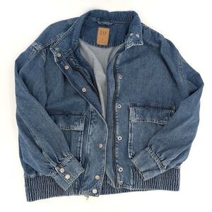 GAP Ultrasoft Denim Bomber Jacket Medium Blue Smocked Waist Zip Snap Size M